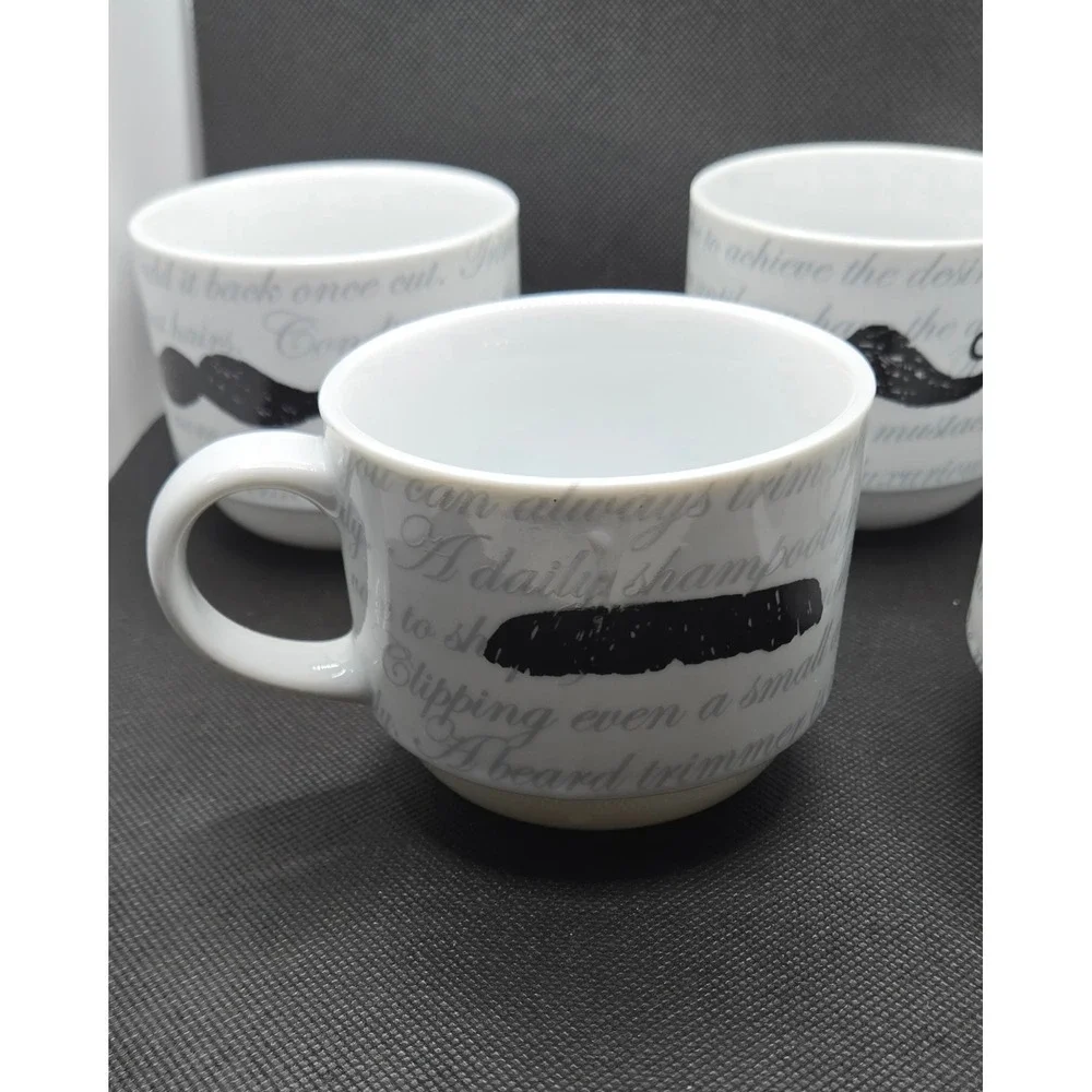 Set of 4 Pier 1 Mustache Ceramic Coffee Mugs White Black Handlebar Chevron Mugs